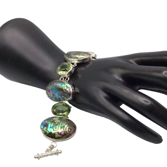 Sterling Silver Abalone Peridot Bracelet 925 Adjustable up to 8" - Picture 1 of 12